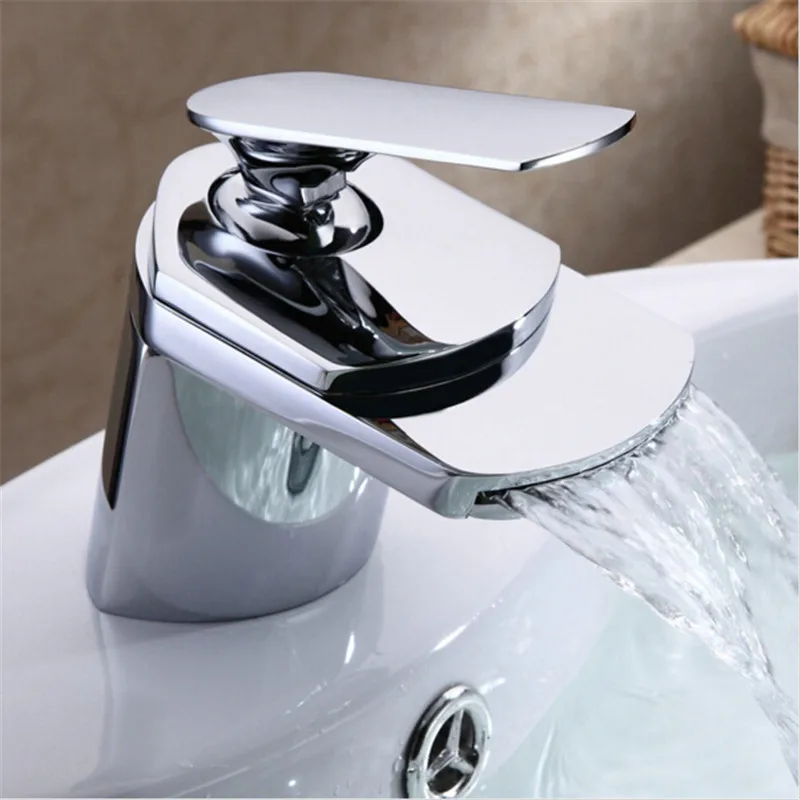 

Free shipping New design Deck Mounted Bathroom Basin Sink Mixer Tap Chrome Faucet Waterfall Faucet hot and cold tap
