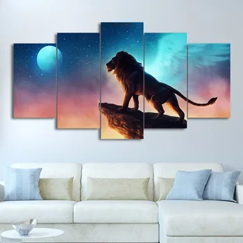

Canvas HD Prints Posters Home Decor 5 Pieces Lion On The Cliff Painting Modular Living Room Wall Art Animal Pictures Framework