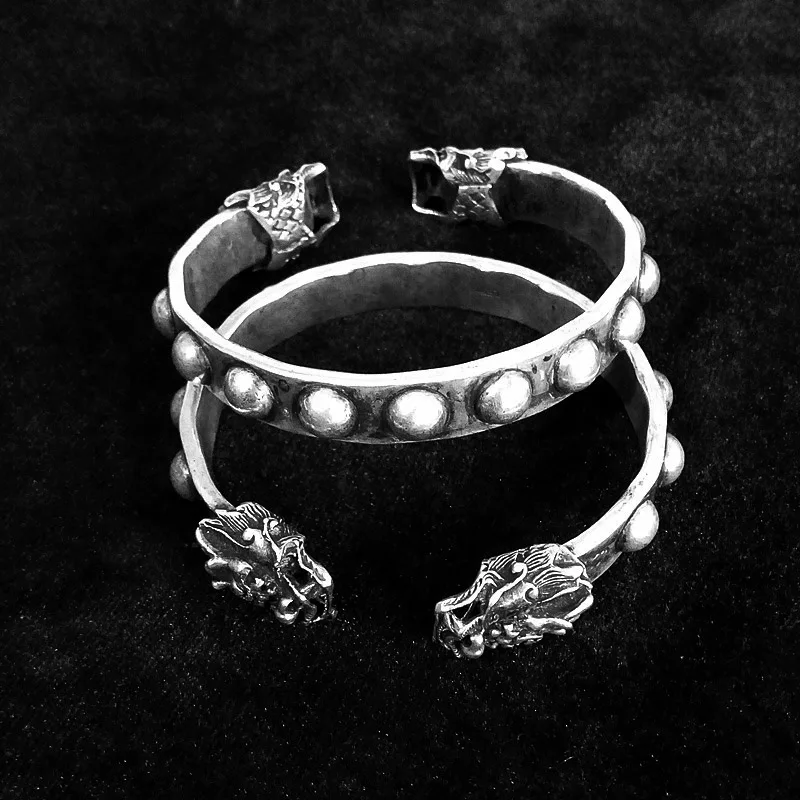 

hot sell new - free shipping 100% Handmade Miao Silver Dragon bangle with bead flat ring type double faucet