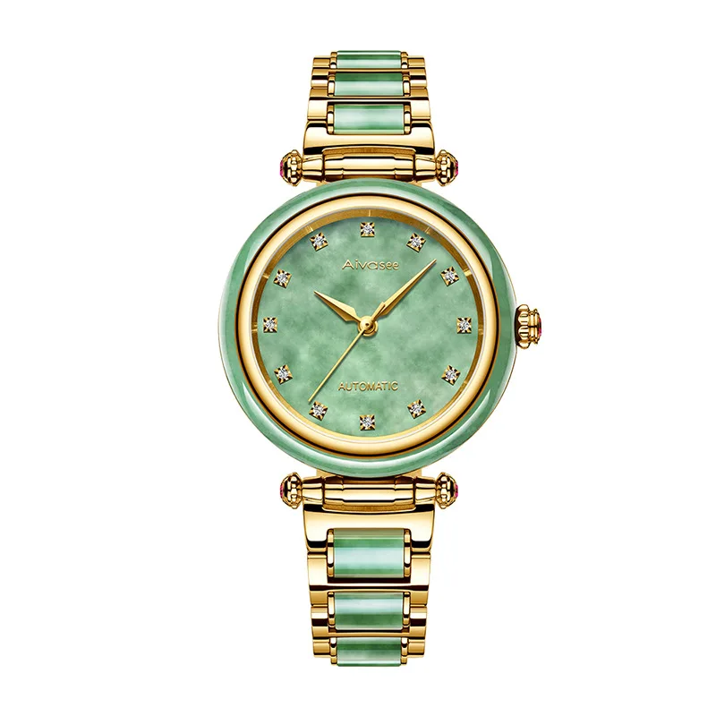 Лидирующий бренд, женские модные часы из натурального нефрита, автоматические женские механические часы, полые женские модели, Reloj Mujer - Цвет: Emerald