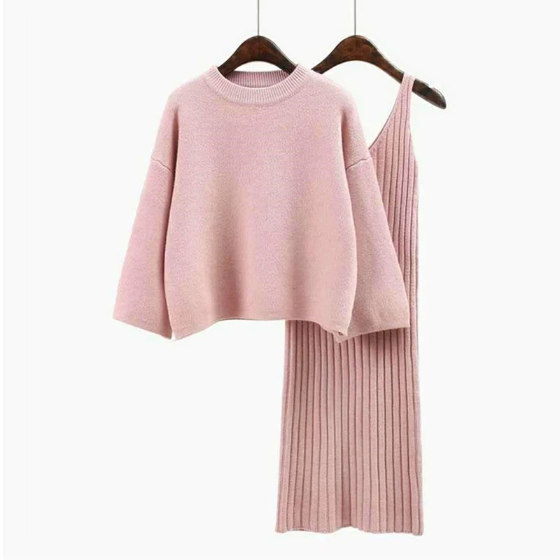 Ly Varey Lin Autumn Winter Womans Sweater+ Straped Mini Dress Sets Solid Color Casual Loose Knitted Sweater Two-pieces Suits