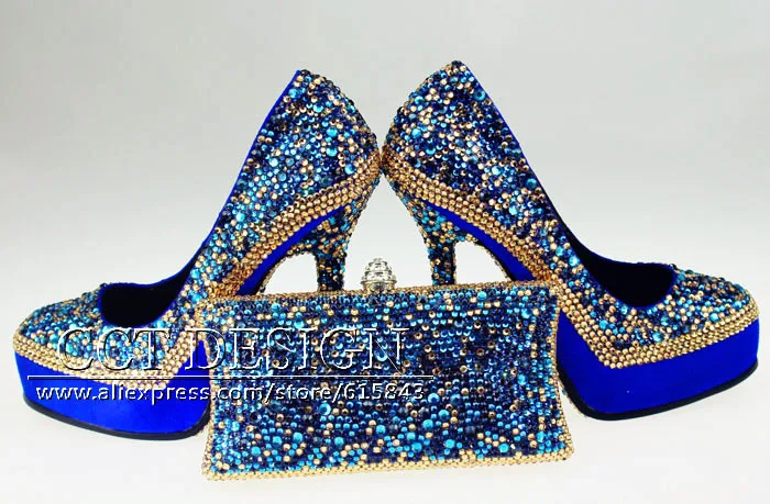 Luxury New Women Genuine Leather Glitter Gold Royal Blue Crystal High