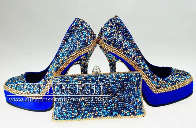 Luxury New Women Genuine Leather Glitter Gold Royal Blue Crystal Luxury New Women Genuine Leather Glitter Gold Royal Blue Crystal High Heels Rhinestone Wedding Shoes And