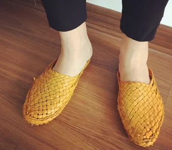

Genuine Leather India, Nepal Flat Slippers Pure Handmade Camel Leather Woven Weaving Retro Cool Drag Men Shoes Real Leather