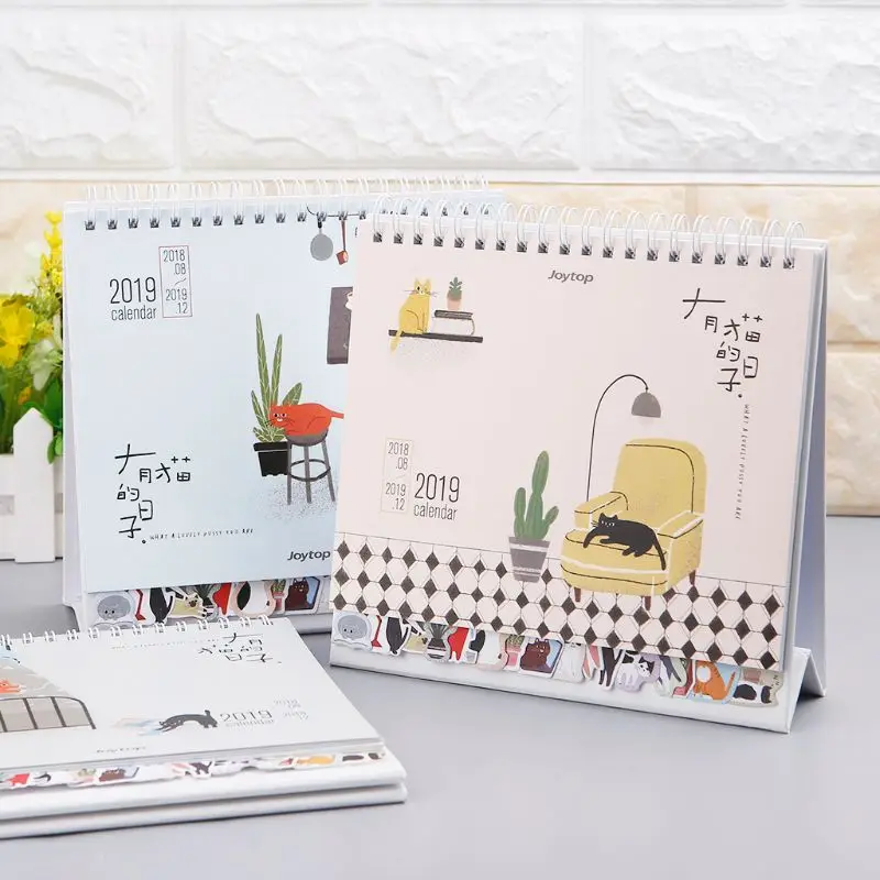 

2019 Lovely Cats Desktop Standing Coil Paper Calendar Memo Daily Schedule Table Planner Yearly Agenda Organizer