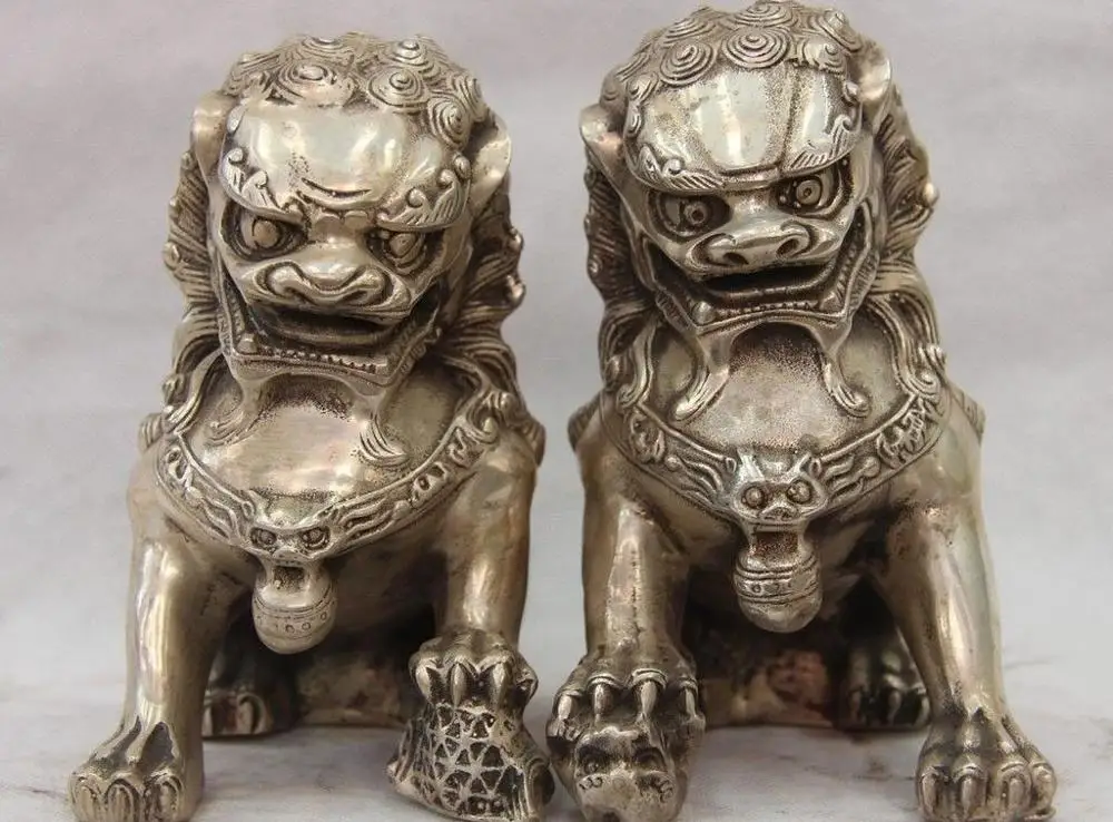 

6 China White Copper Silver Fengshui Guardian Door Foo Fu Dog Lion Statue Pair