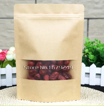 

17*24+4cm Bottom *140mic High Quality Food Kraft Paper Bags With Window Stand Up With Zipper Bags Free Shipping 200pcs/lot