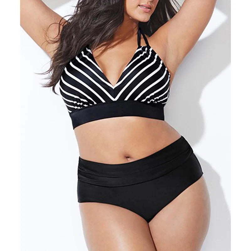 

Plus Size Striped Swimsuit High Waist Halter Bikini Sexy Bandage Swimwear Women Two Piece Bathing Suit Large Biquini 2019 G62