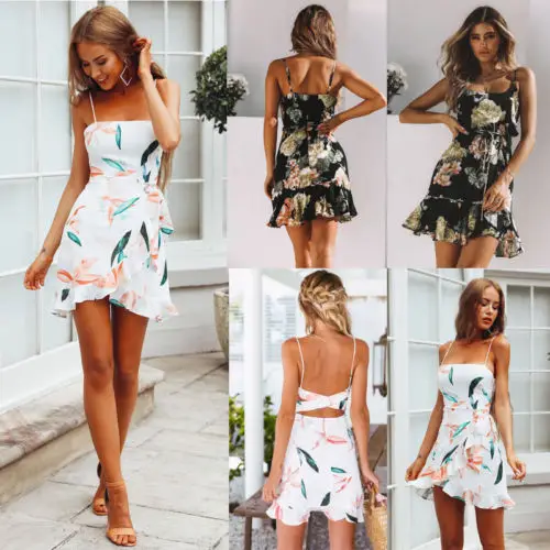 

2018 Women Summer Casual Sleeveless Printed Ruffle Beach Short Mini Dress S-XL