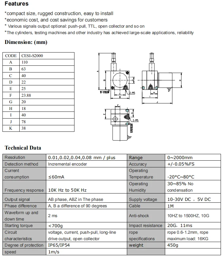 Датчик положения CESI-S2000 2000 мм цифровой импульсный выход датчик перемещения Push pull Line драйвер NPN PNP напряжение выход