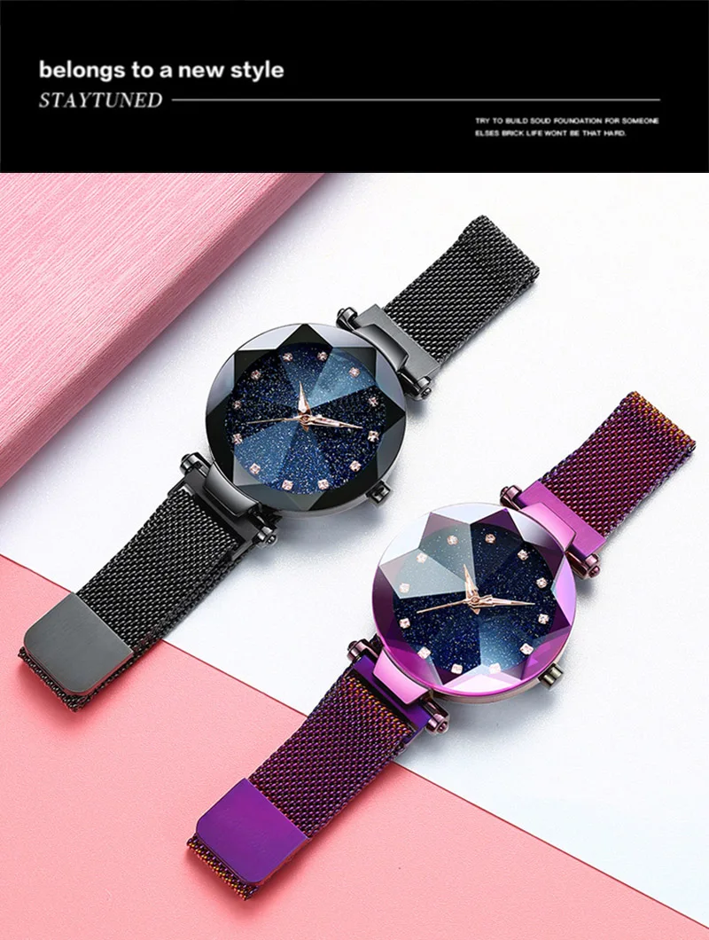 Модные Повседневные розовые черные женские часы Роскошный минимализм звездное небо магнитная пряжка женские наручные часы со шкалой из кристаллов водонепроницаемые