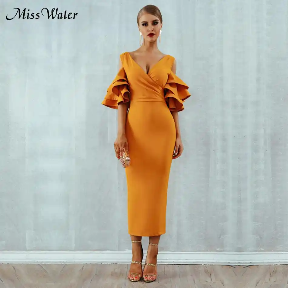 yellow off the shoulder bodycon dress