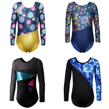 Черный гимнастическое трико для девочек Сетчатое платье с длинными рукавами; Одежда для танцев; детское платье для танцев и Костюмы костюмы профессиональная гимнастические купальники От 2 до 13 лет