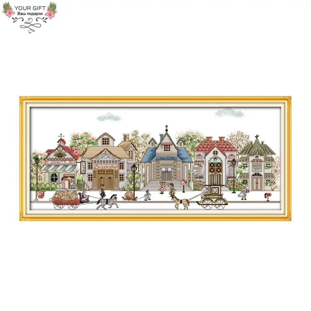 

Joy Sunday F711(5) Free Shipping 14CT 11CT Counted and Stamped Home Decor Street View Needlepoints Embroidery Cross Stitch Kits