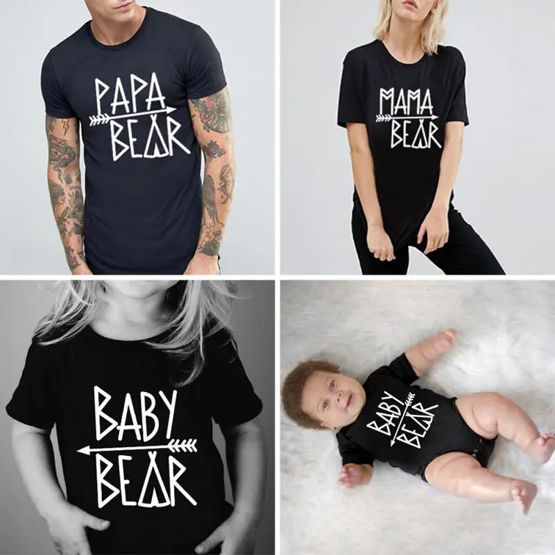 Новинка; модная футболка с короткими рукавами и круглым воротником и надписью «Papa Bear Mama Bear»; футболка для родителей и детей