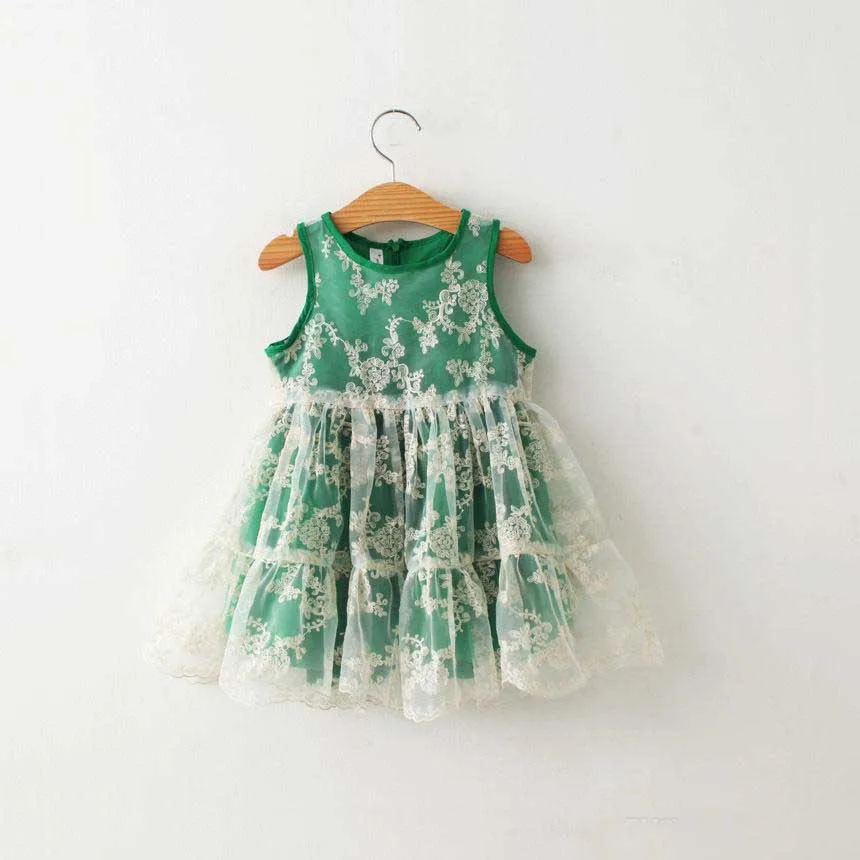 

Sweet Kids Girls Ruffles Floral Embroidered Organza Dress Green Color Cute Children Summer Princess Party Dress