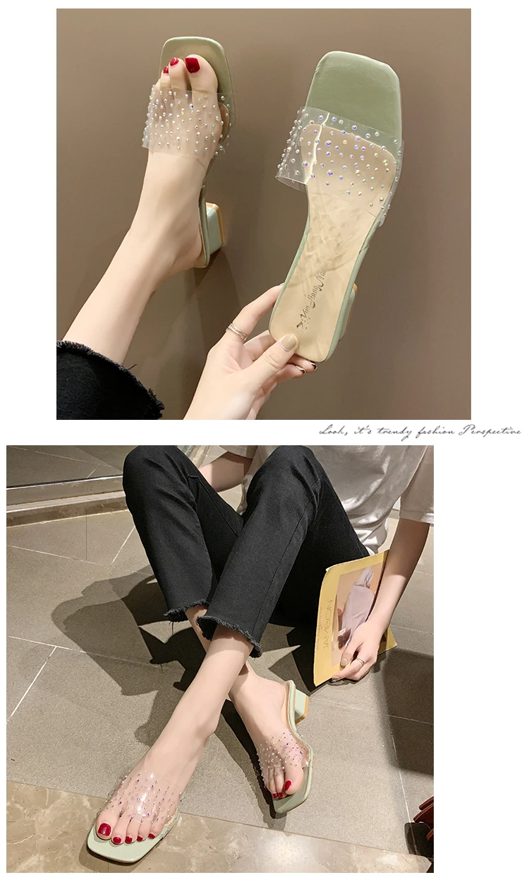 Летние прозрачные тапочки с заклепками с открытым носком на среднем каблуке тапочки женские цветные женские туфли женские тапочки шлепанцы Дамская обувь