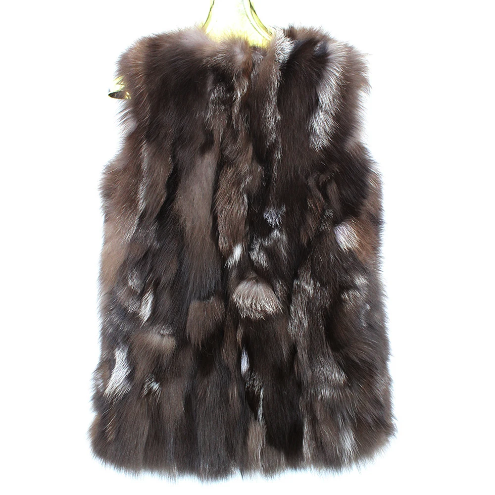 Hot Sale Women Real Fox Fur Vest Natural Real Sliver Fox Fur Long Style Warm Vest Lady Real Fox Fur Waistcoat Jacket