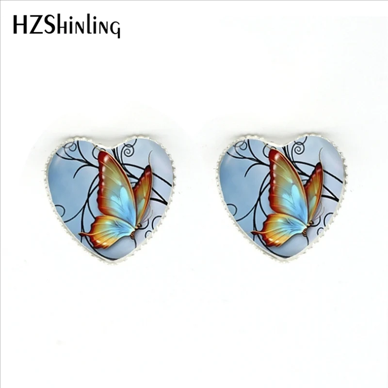 

2017 New Arrival Colorful Butterfly Stud Earrings Handmade Woodland Jewelry Glass Dome Butterfly Heart Earring for Women
