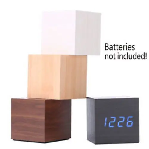 New Wooden Creative Cube Digital LED Desk Alarm Thermometer Timer Calendar USB AAA Clock