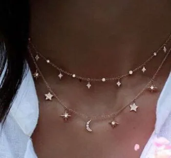 

summer women sexy layer Bling cubic zirconia christmas gift moon star drop charm chocker choker necklace