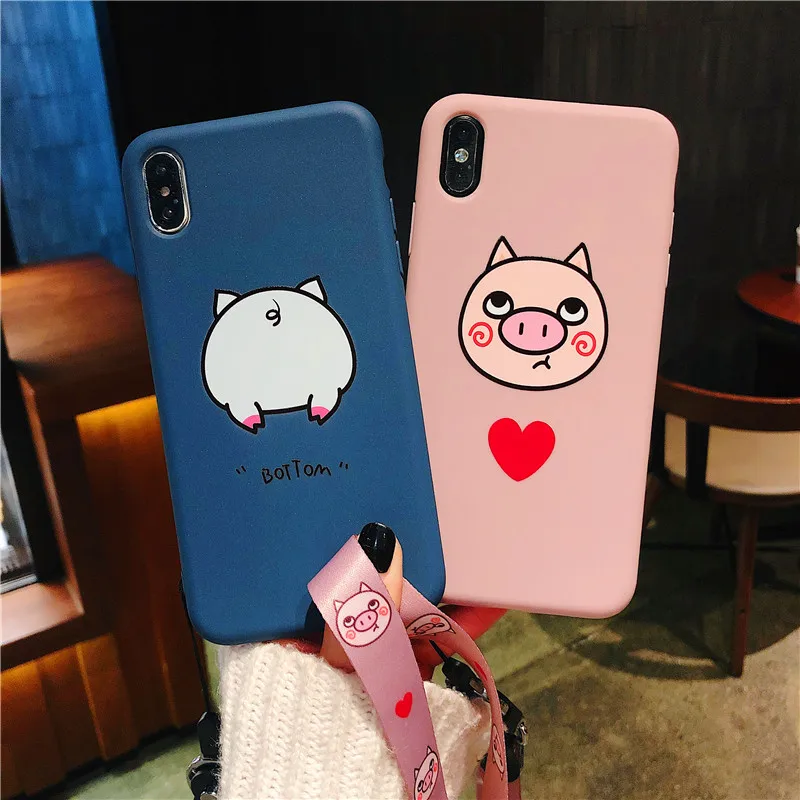 

cute Cartoon pig butt pure color soft shell With the rope Blue, pink phone Case For Apple iphone 6 6s 7 8 Plus X XS XR MAX case