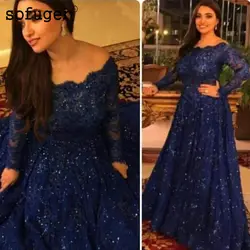 Темно-синий мусульманские Вечерние платья 2019 A-Line Длинные рукава Кружева бисерные ислам Дубаи Саудовская Арабская длинная элегантное