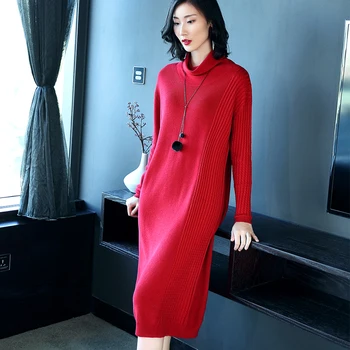 

Elegant Solid Color Turtleneck Loose Autumn Winter Workwear Dress Long Sleeve Straight Female Business Office Dress ETM029