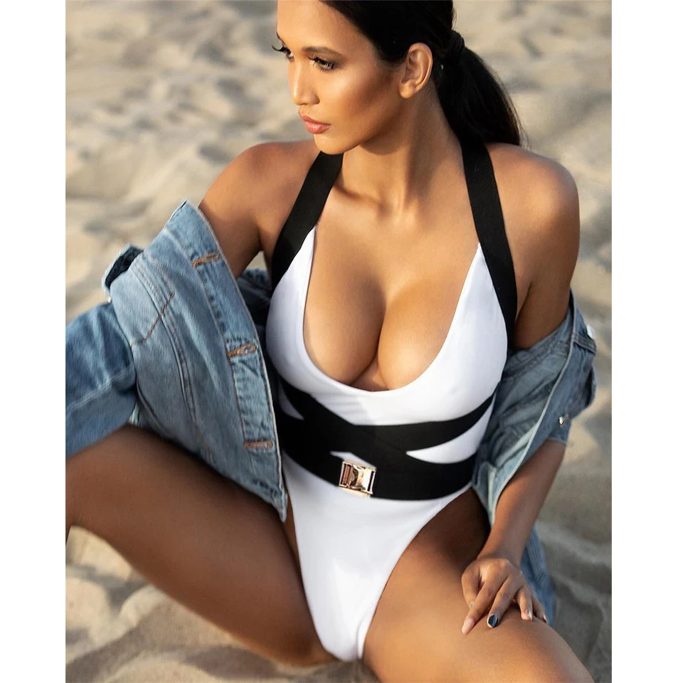 

2019 Summer Beachwear Sexy High Cut Cross Belt One Piece Women Swimsuit Deep V Bikinis Fashion Swimwear Bathing Suits badpak