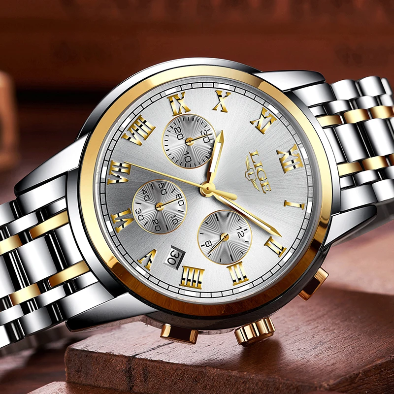  LIGE Men Watches Top Luxury Brand Full Steel Waterproof Sport Quartz Watch Men Fashion Date Clock C