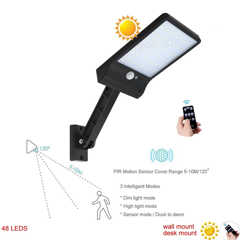 

desk wall mount remote control rotate bracket solar street light 48 LED 500 LM Solar Lamp Human Body Induction Light 3 Modes Di