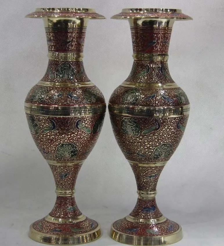 

10 Nepal Bronze Copper Painted Peacock peafowl Bird Flower Pot Bottle Vase Pair