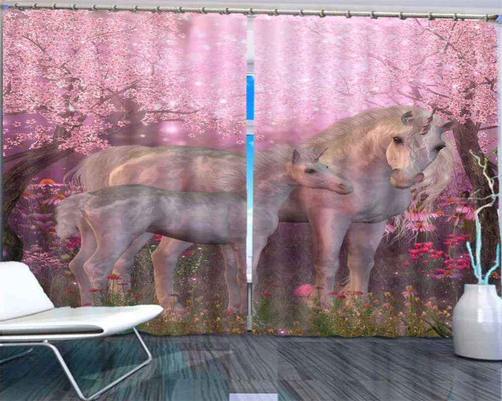 

dreamlike background of mother and son unicorns 3D Curtains For Bedroom Kids Living Room Drapes Fabric Polyester Set with Hooks