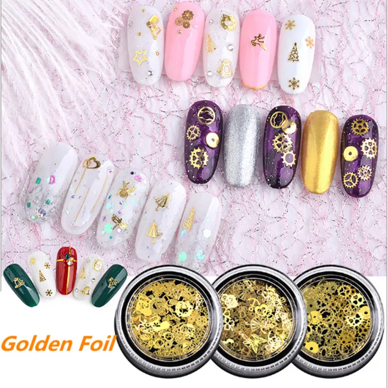 

120ps/box Nail Art Rhinestone Gold Nail Stickers Metal Geer Wheel Butterfly Flower Rhinestones Mixes Nail Foil Decorations