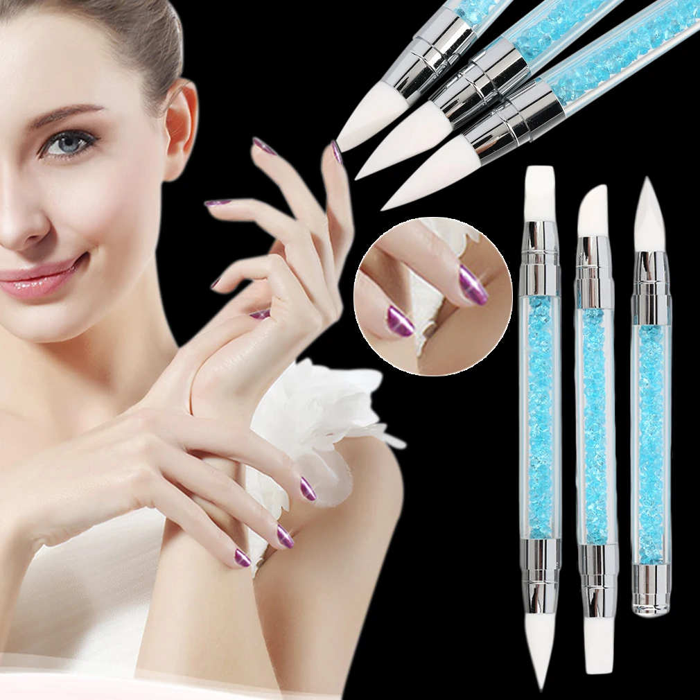 

3Pcs Rhinestone Nail Art Brushes Silicone Head Nail Brush Pen Brush Liquid Powder DIY Nail Drawing Acrylic Painting Brushes