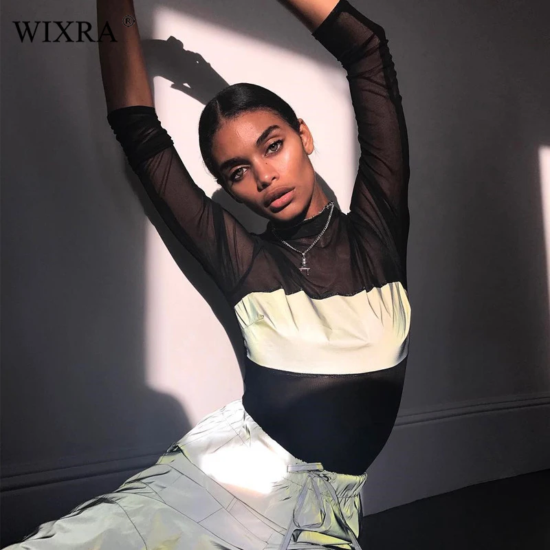 

Wixra 2019 Spring Autumn Women's Clothing New Hot Long Sleeve Bodysuits Trendy Sexy Patchwork Playsuits For Female