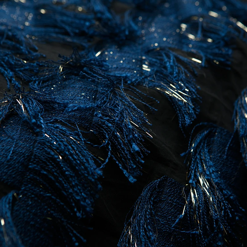 

Couture fashion dark blue tassel fabric with gold metallic tassel for dress,skirt,wedding,dance clothing,craft by the yard