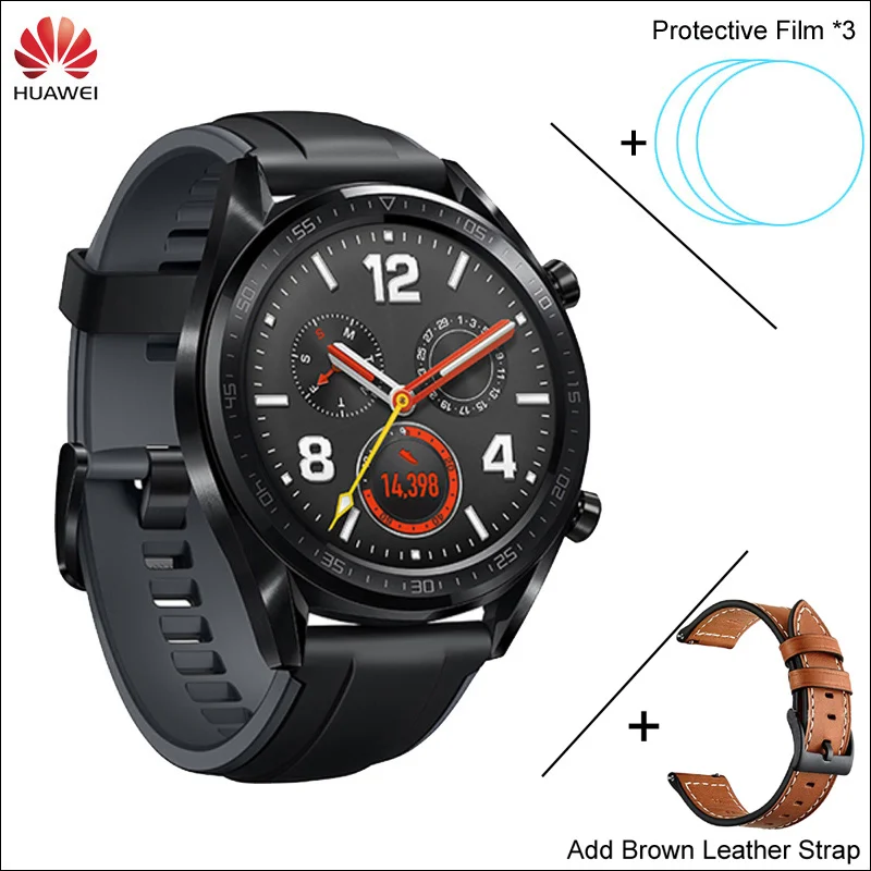 Huawei Watch GT Смарт часы Поддержка gps NFC 14 дней Срок службы батареи 5 атм водонепроницаемый телефонный Звонок трекер сердечного ритма для Android iOS - Цвет: SBLK n Fm n Strap BN