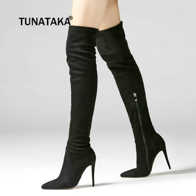 

Women Flock Sexy Thin High Heel Over The Knee Boots Fashion Side Zipper Pointed Toe Thigh Boots Winter Woman Shoes