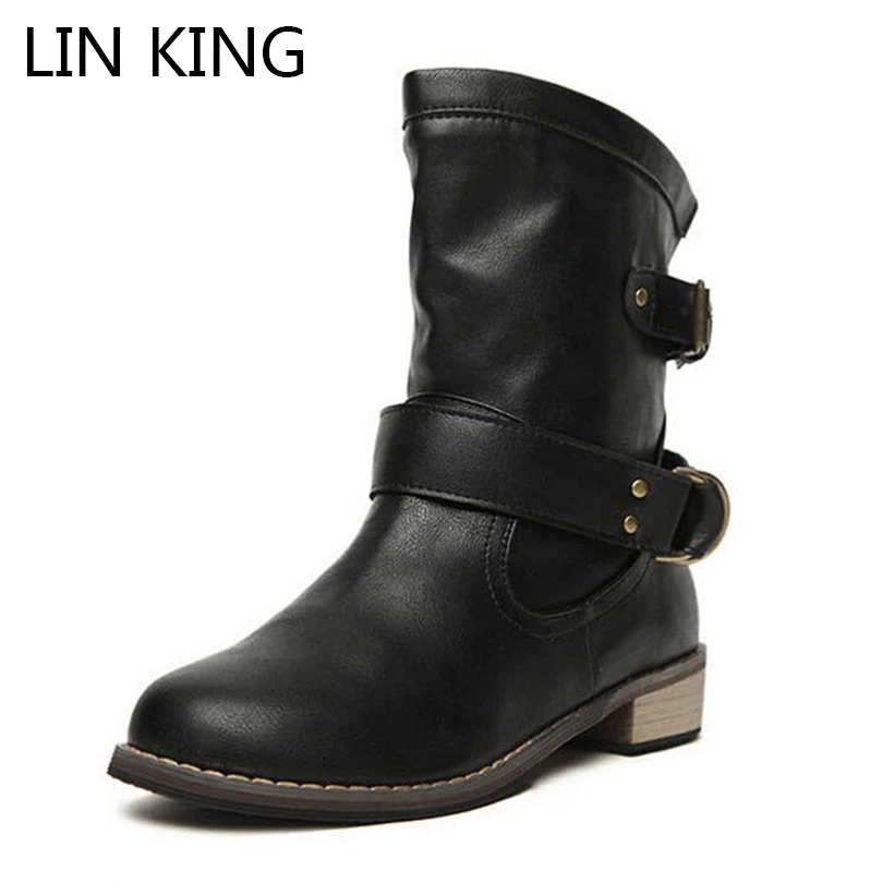 

LIN KING New Female Spring and Autumn Women Motorcycle Boots Fashion Woman's Boots Flat Vintage Buckle Casual Lady Boots