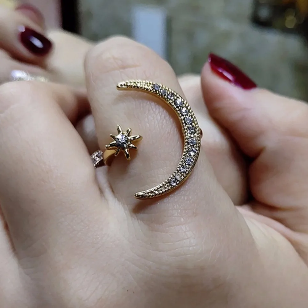 

Fashion New Cresce Moon With Star Ring Alloy Zircon Adjustable Ring Silver Rose Gold Anniversary Gift Engagement Wedding Jewelry