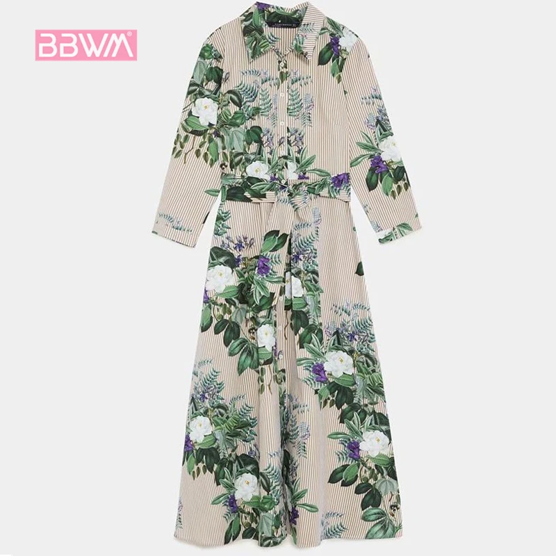 

Exquisite women's 2018 summer new casual nine points sleeve striped print single-breasted dress high waist dress