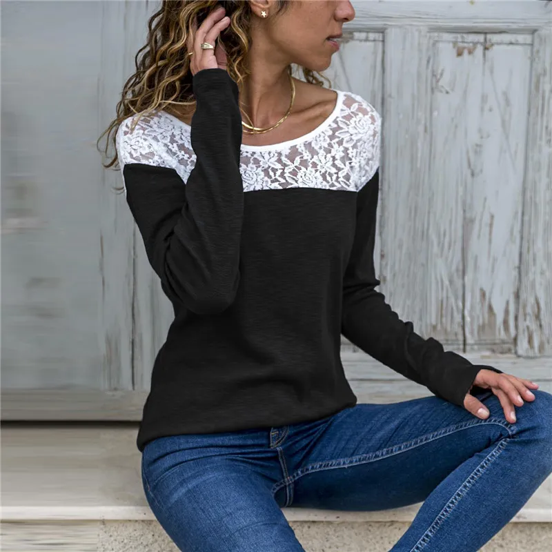 

2019 Spring Patchwork Lace Women Sweatshirts Fashion Long Sleeve Hoodies Casual O Neck Pullover Harajuku Hoodie Hollow Out Tops