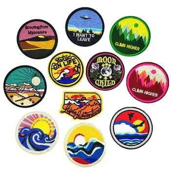 

New Round Mountain Sunset Moon Badge Iron on Patches for Clothing Embroidery Stripe on Clothes Cute DIY Sequin Applique Badge