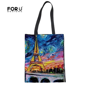 

FORUDESIGNS Women Shopping Bag Linen Casual Eiffel Tower Printing Beach Bags Daily Use Female Single Shoulder Bags For Shopping