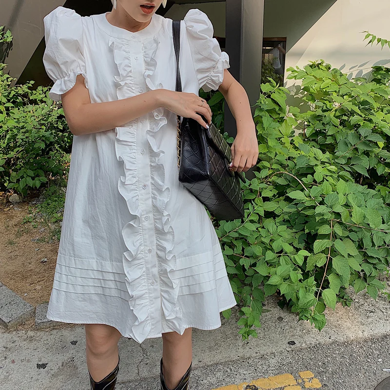 

2019 Spring and Summer Elegant Women Dress Bubble Sleeve Sweet Dress Cotton Causal Dress Ruffles Puff Sleeve