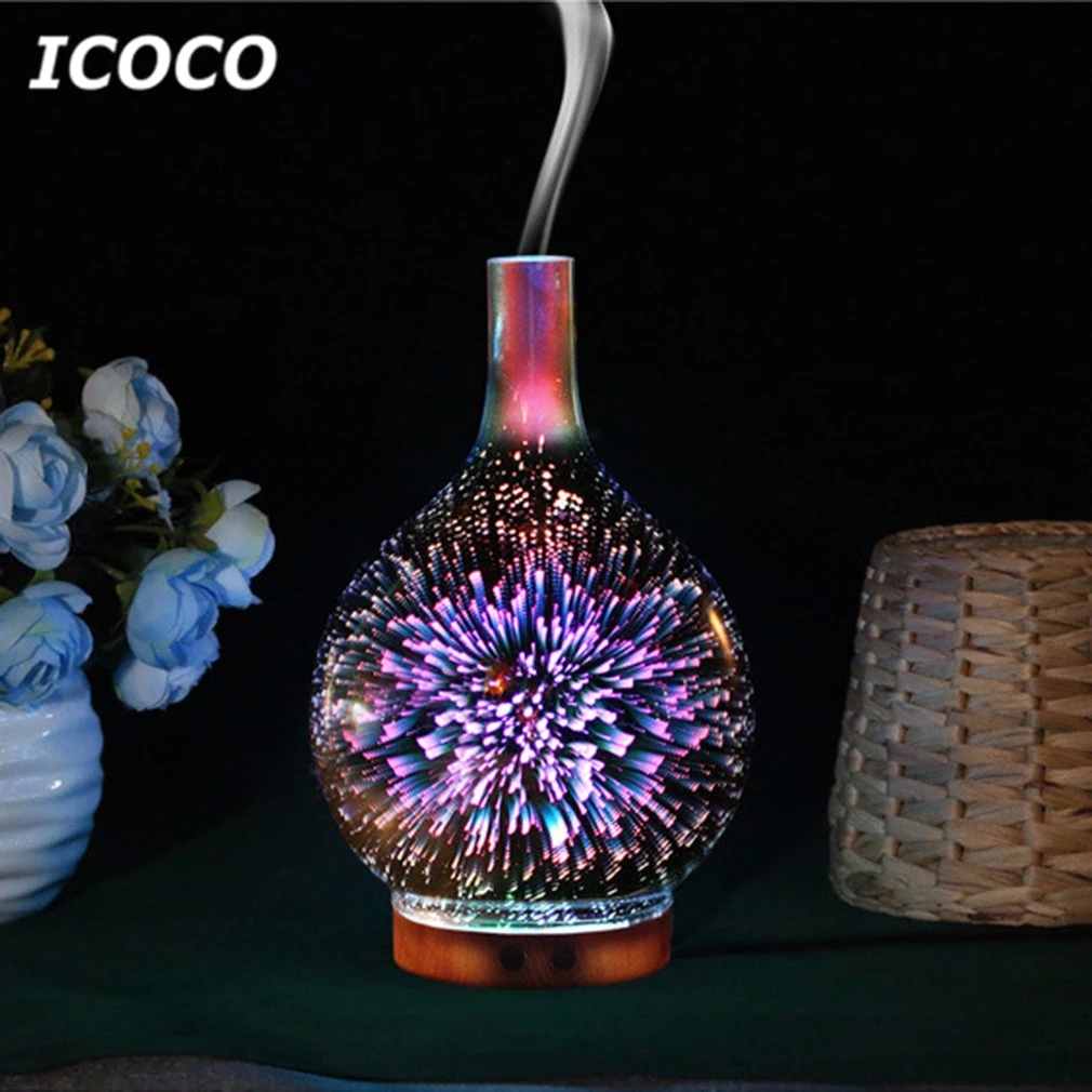 Achat ICOCO Coloré 3D Verre Humidificateur LED Nuit Lumière Huile Essentielle Diffuseur Aromathérapie Air PurifierHome Décor Drop Shipping