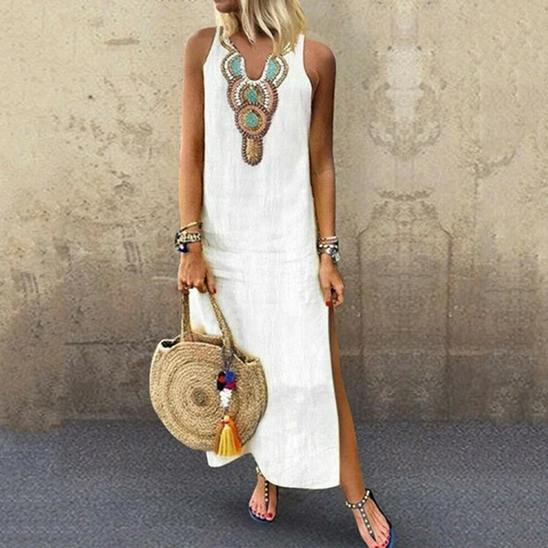 2019 Women Summer Linen Sundress Sexy Split Hem Maxi Dress Sleeveless V-Neck Baggy Dresses Ladies Kaftan Boho Dress Vestidos