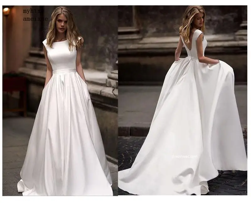 

Wedding Dresses With Pocket 2020 Vestido De Novia Satin White Sleeveless Bridal Gowns Floor Length Wedding Gown Vestido De Noiva
