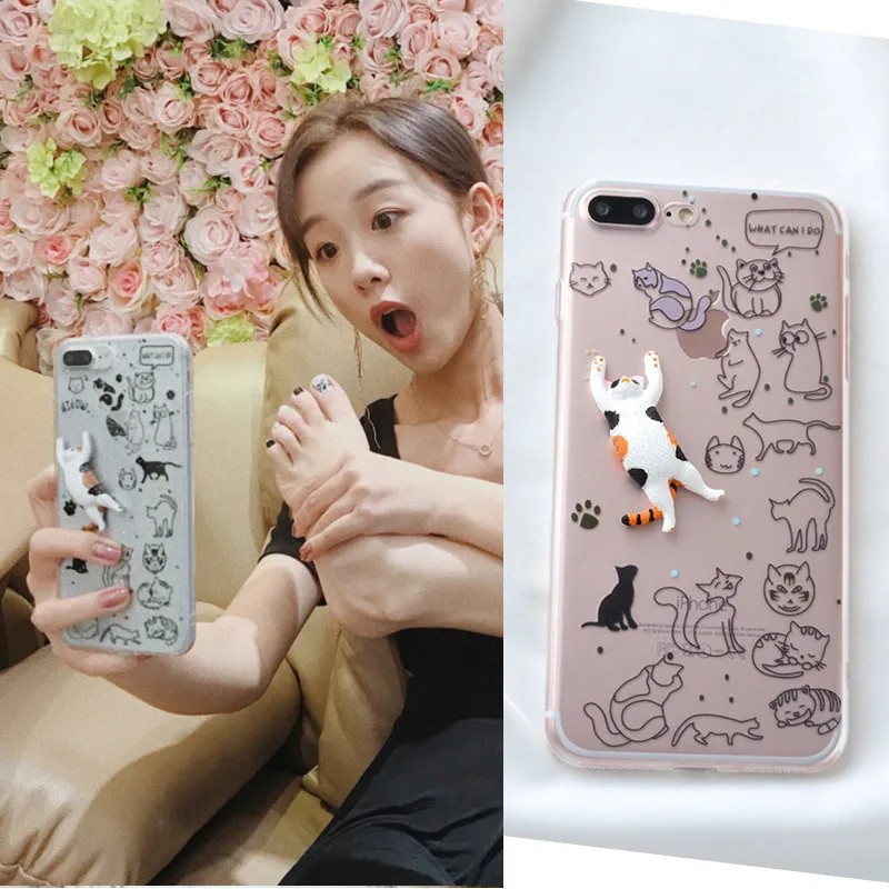 

Kawaii DIY embossing cat Transparent phone case for coque iphone 7 plus 8 6s plus Funny kitten TPU case for iphone cover X XS XR